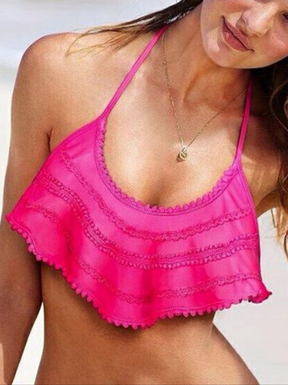 VICTORIA’S SECRET Neon Pink Ruffle Front Bikini Halter Pom-Pom Trim Size Large